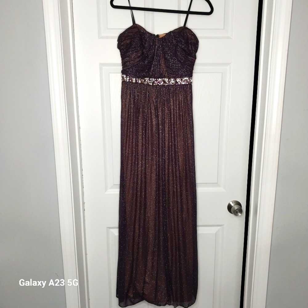 Sheer purple Jodi Kristopher sparkly strapless dress with nude underlay. Size 11